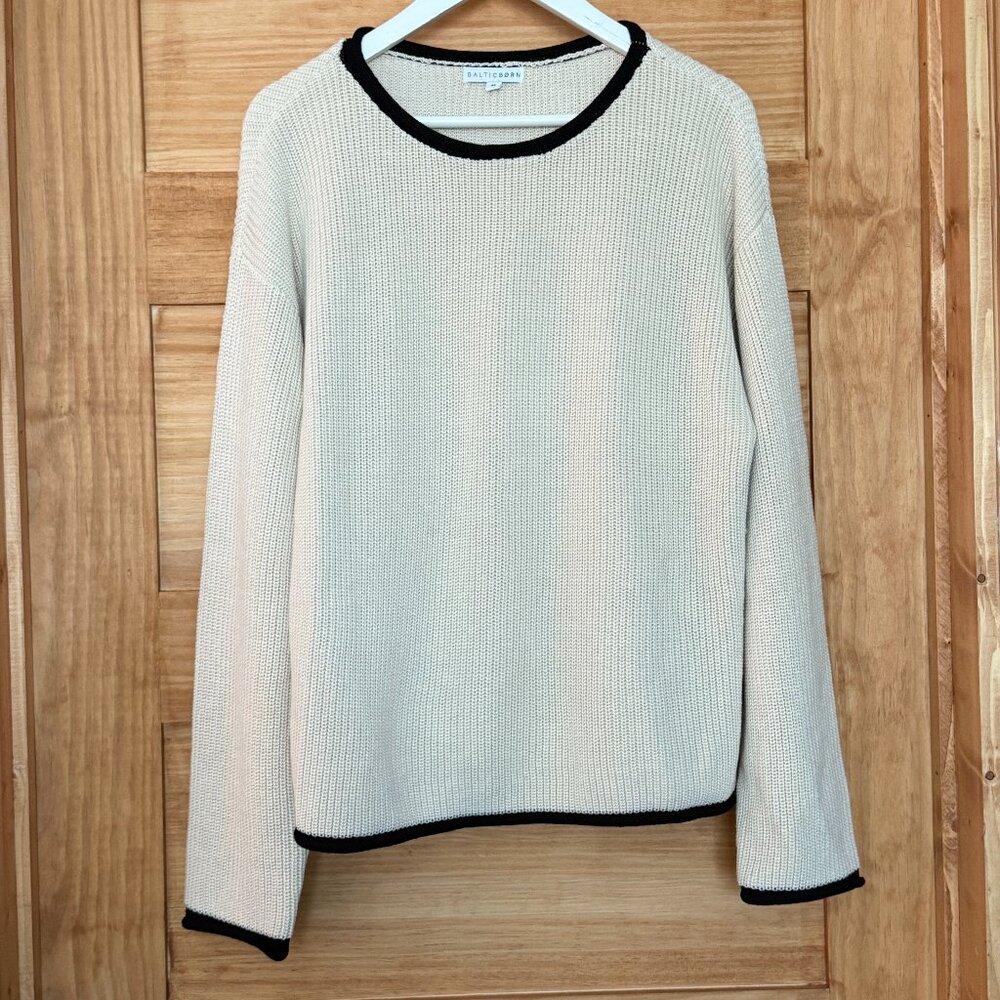 Baltic Born Cream Black Trim Neutral Soft Knit Sweater Women's size M
